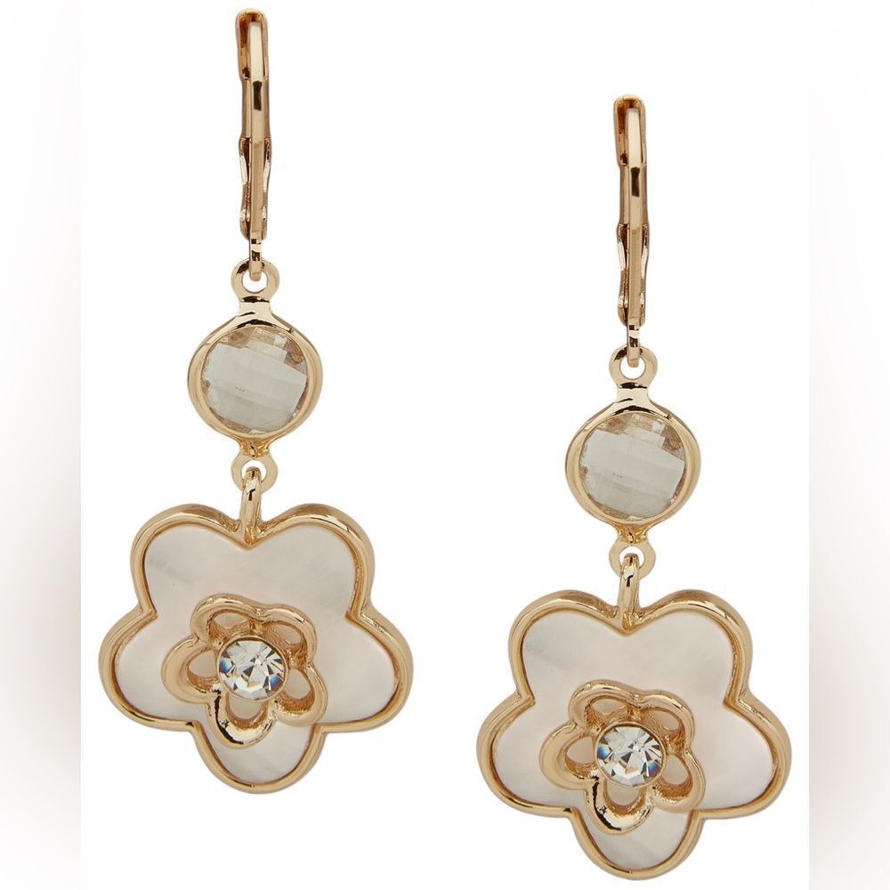 Anne Klein Gold tone and White Flower Drop Earrings